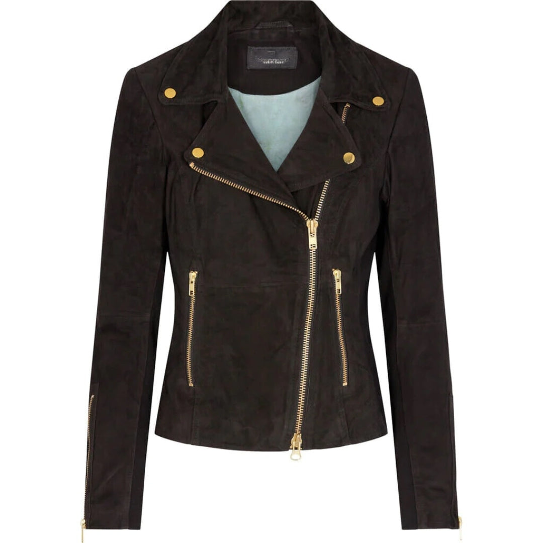 Suede leather biker jacket in dark brown