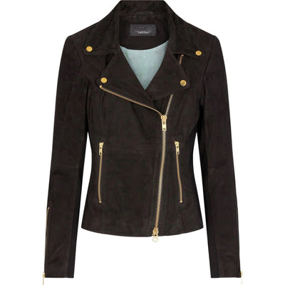 Suede leather biker jacket in dark brown