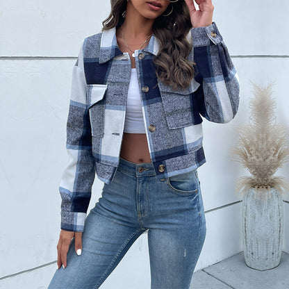 Plaid Lapel Cropped Jacket With Pockets Fashion Button Long Sleeve Short Outwear Tops Coat For Women's Clothing