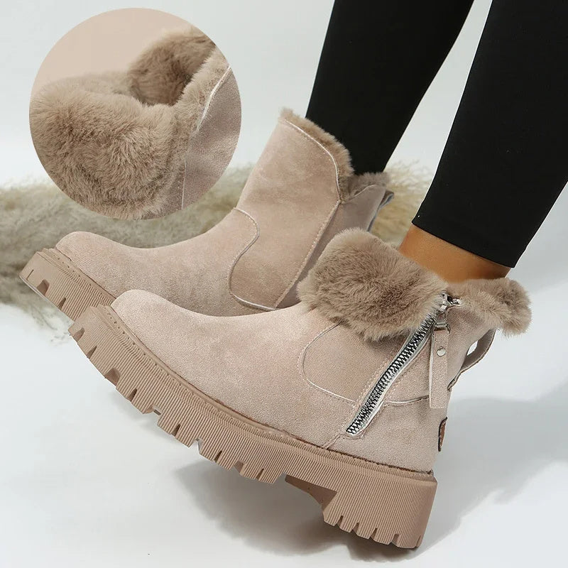 Women's Snow Boots Winter Warm Fordable Plush Tube Short Boot Solid Color Round-toe Platform Shoes