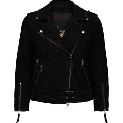 Suede black biker jacket with belt
