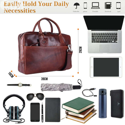 Brown Real Leather Work Satchel, Commuting Shoulder Bag Laptop Portfolio Briefcase