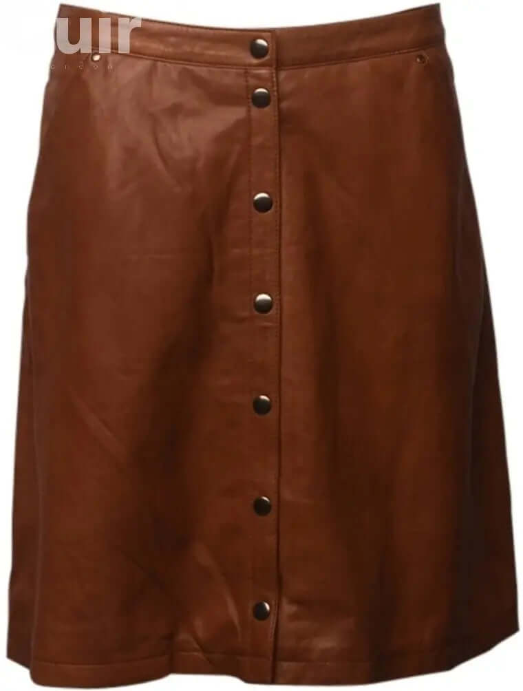 Brown Leather Skirt with Button, Lamb Leather - CuirLondon