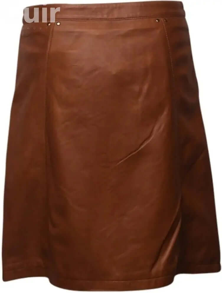 Brown Leather Skirt with Button, Lamb Leather - CuirLondon