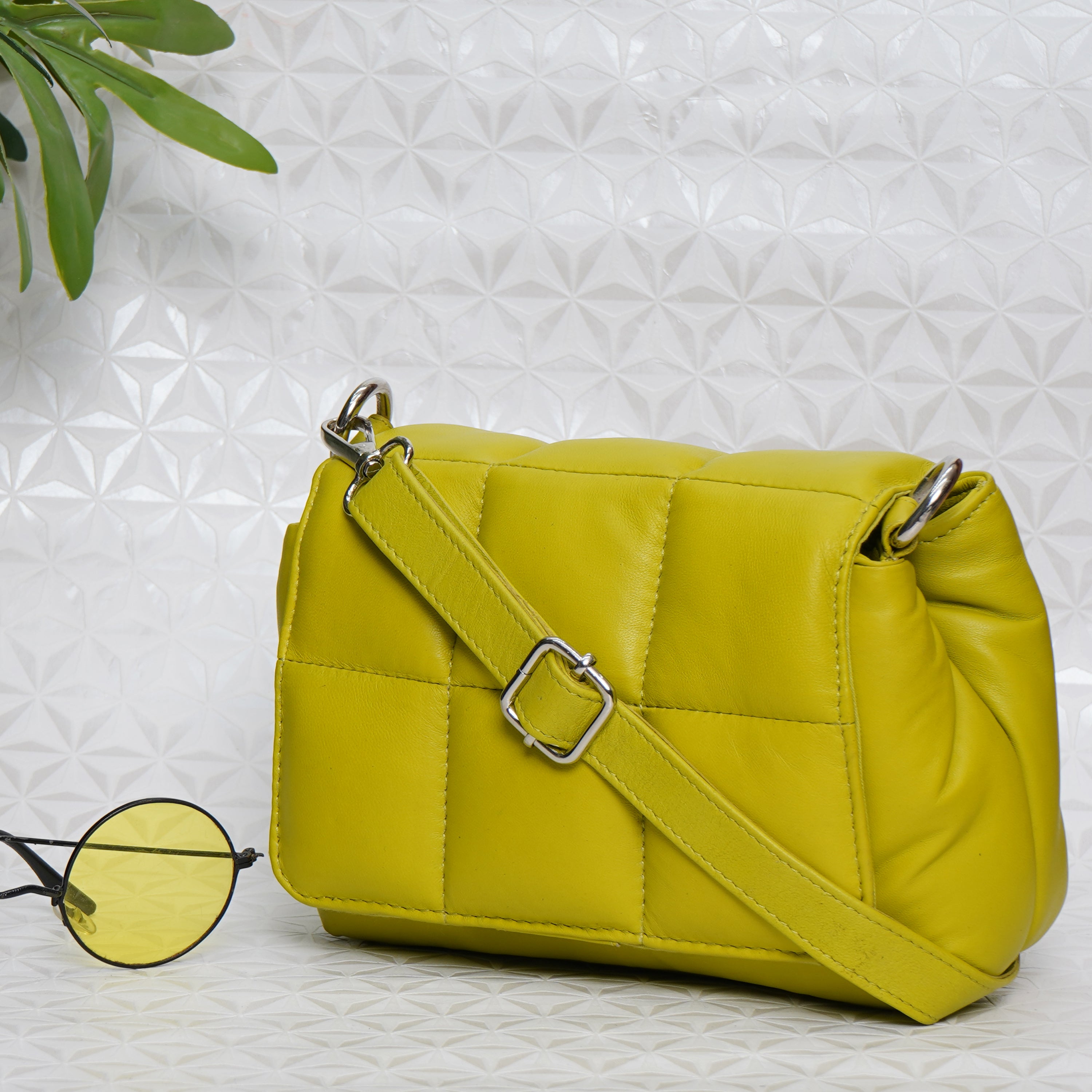 Women's Lime Green Genuine Leather Crossbody Bag | 15x20x8cm