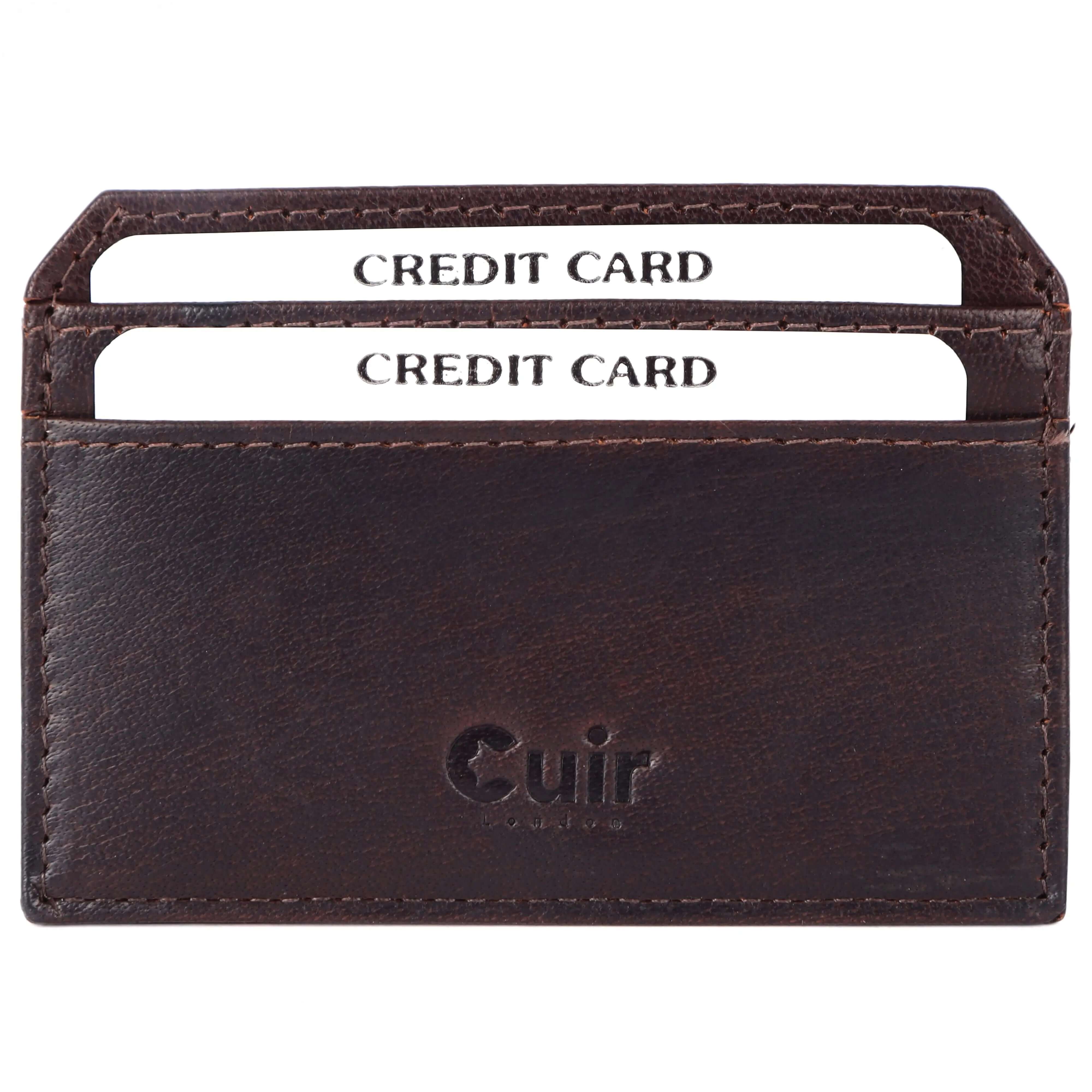 Deep brown leather card case with four slots, showcasing sleek and sophisticated design by CUIR LONDON.