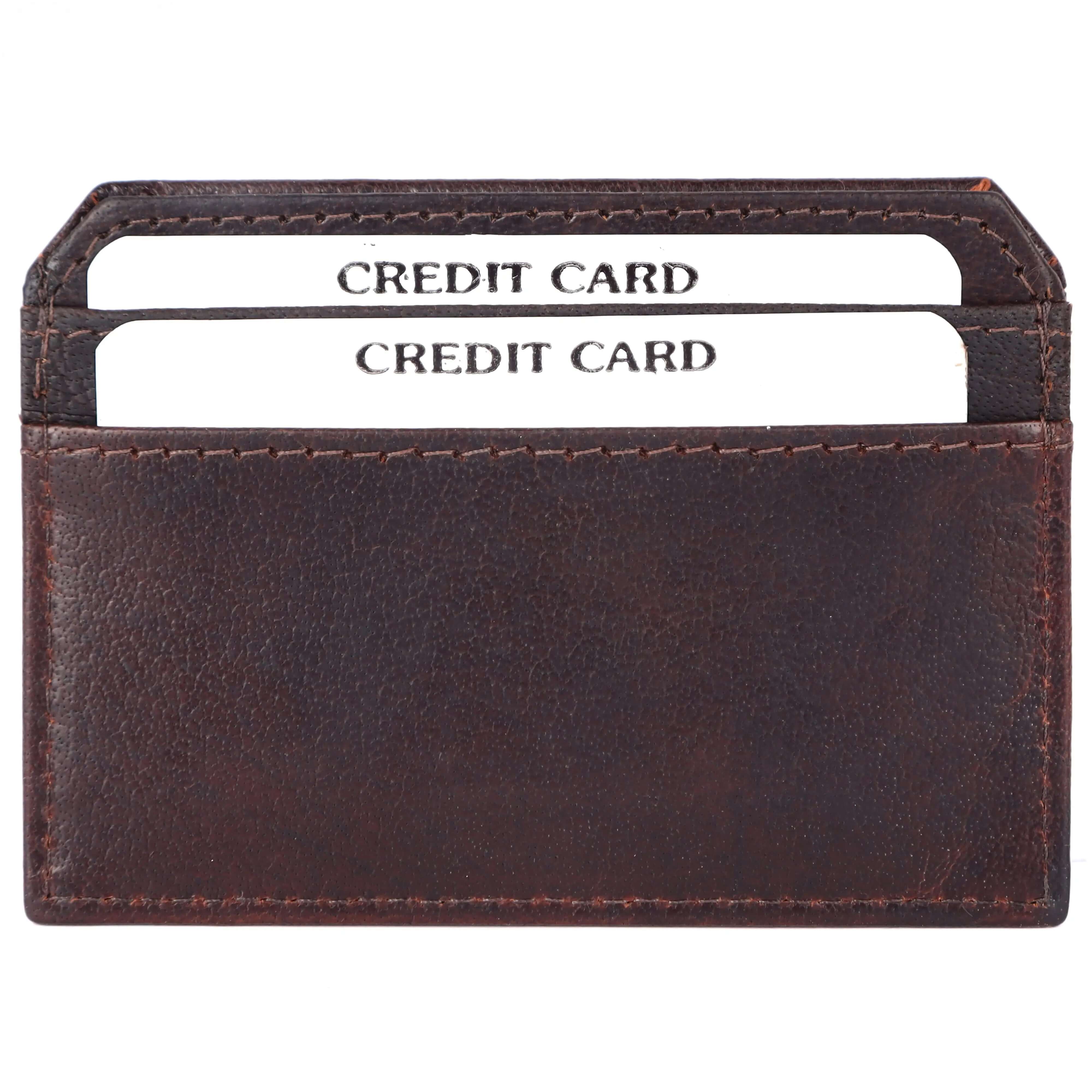 Deep brown leather card case with four slots, showcasing sleek and sophisticated design for luxury card storage.