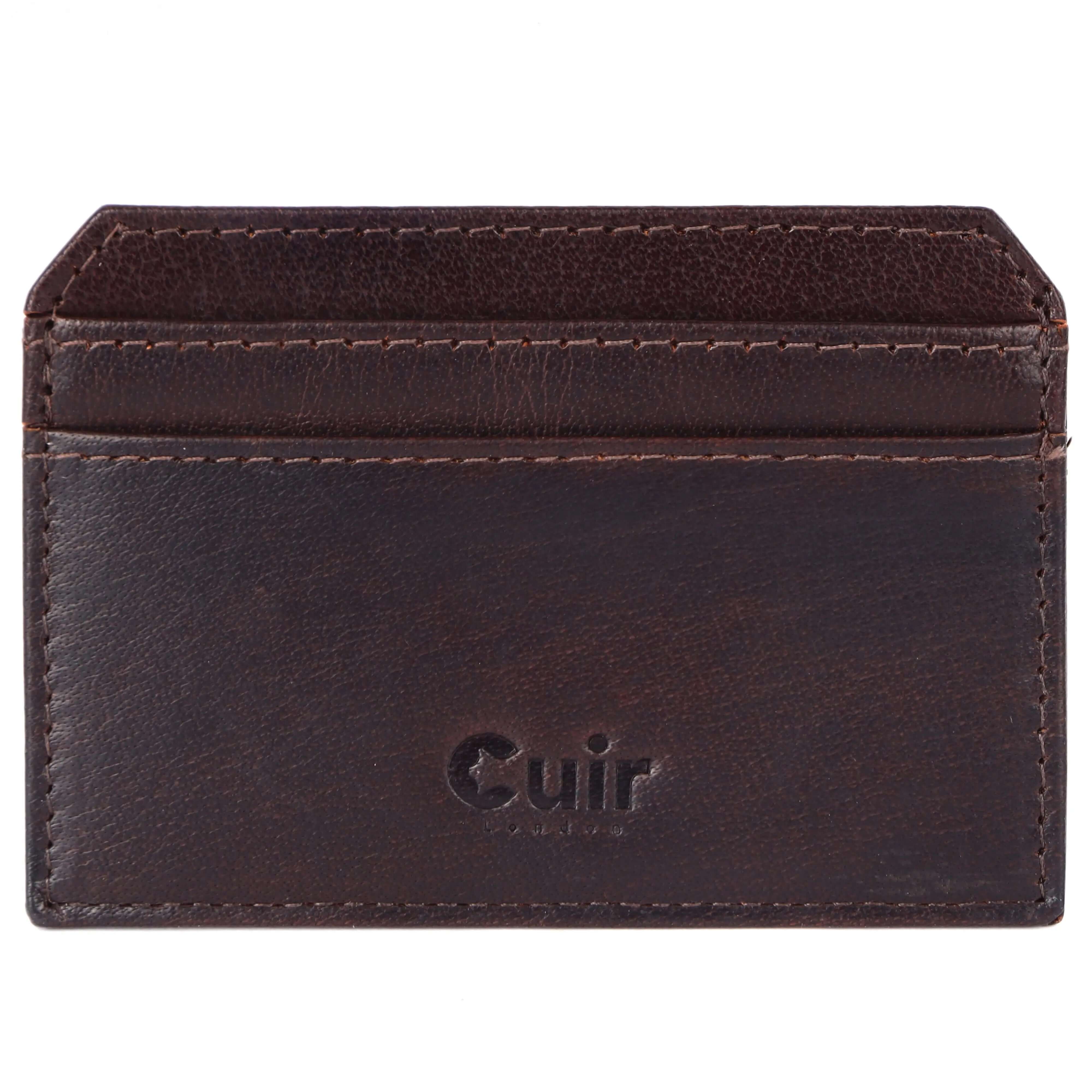 Deep brown leather card case with four slots, featuring a sleek design by Cuir London for sophisticated functionality.