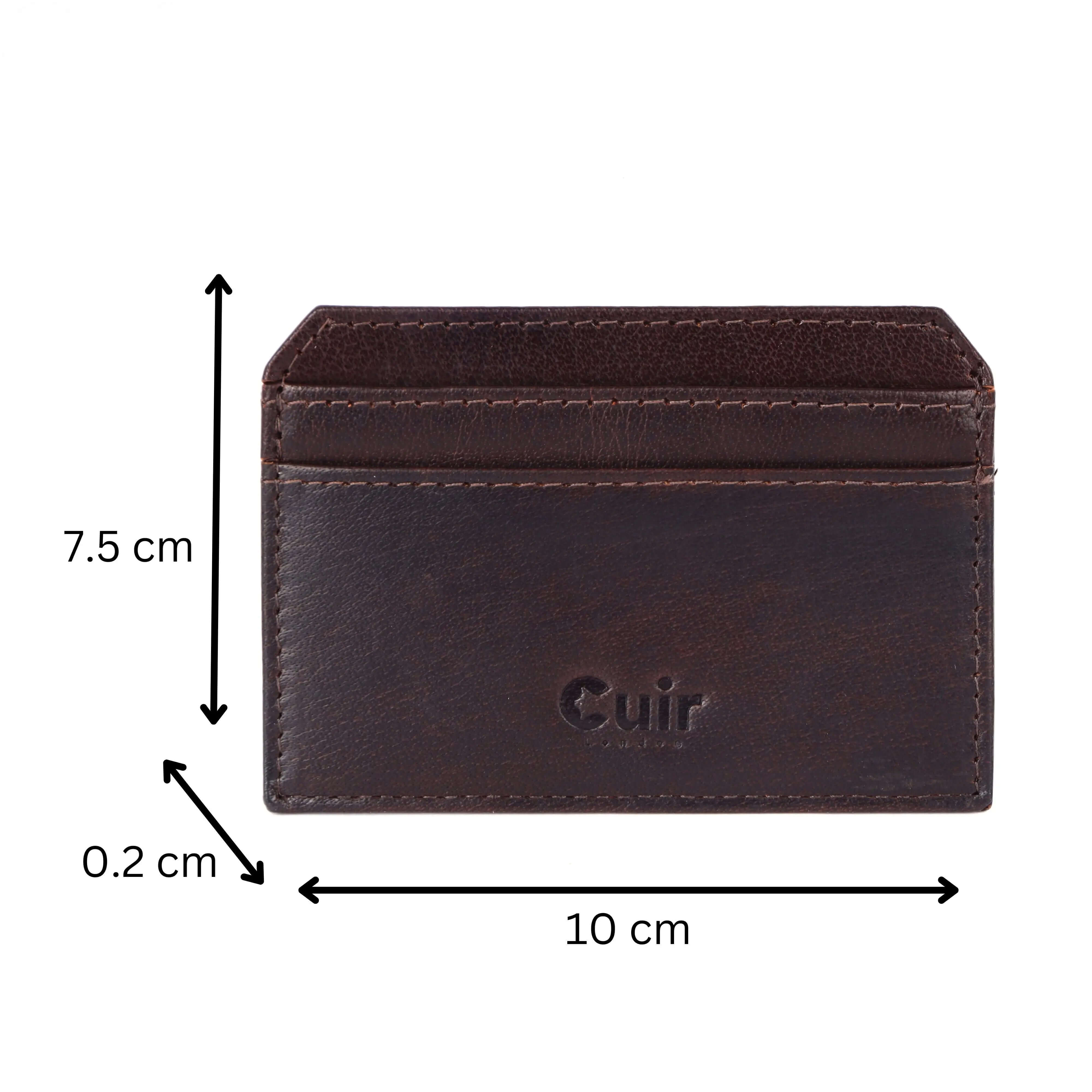 Deep brown leather card case with 4 slots, pocket-size dimensions 7.5x10x0.2 cm, showcasing sophisticated Cuir London craftsmanship.