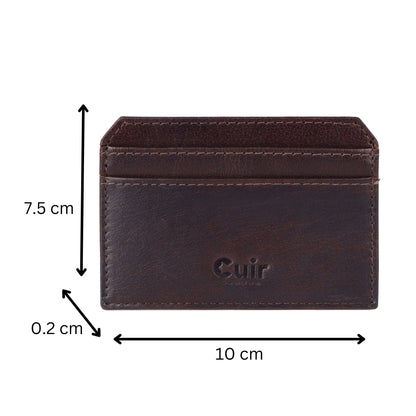 Deep brown leather card case with 4 slots, pocket-size dimensions 7.5x10x0.2 cm, showcasing sophisticated Cuir London craftsmanship.