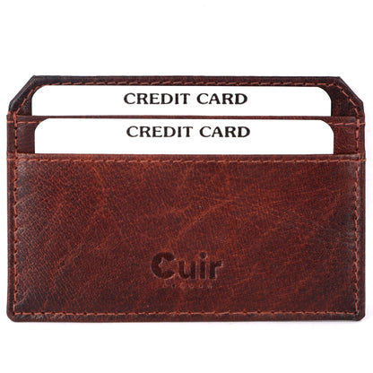 Elegant brown leather card case with two visible credit card slots, showcasing a pocket-sized accessory for men.