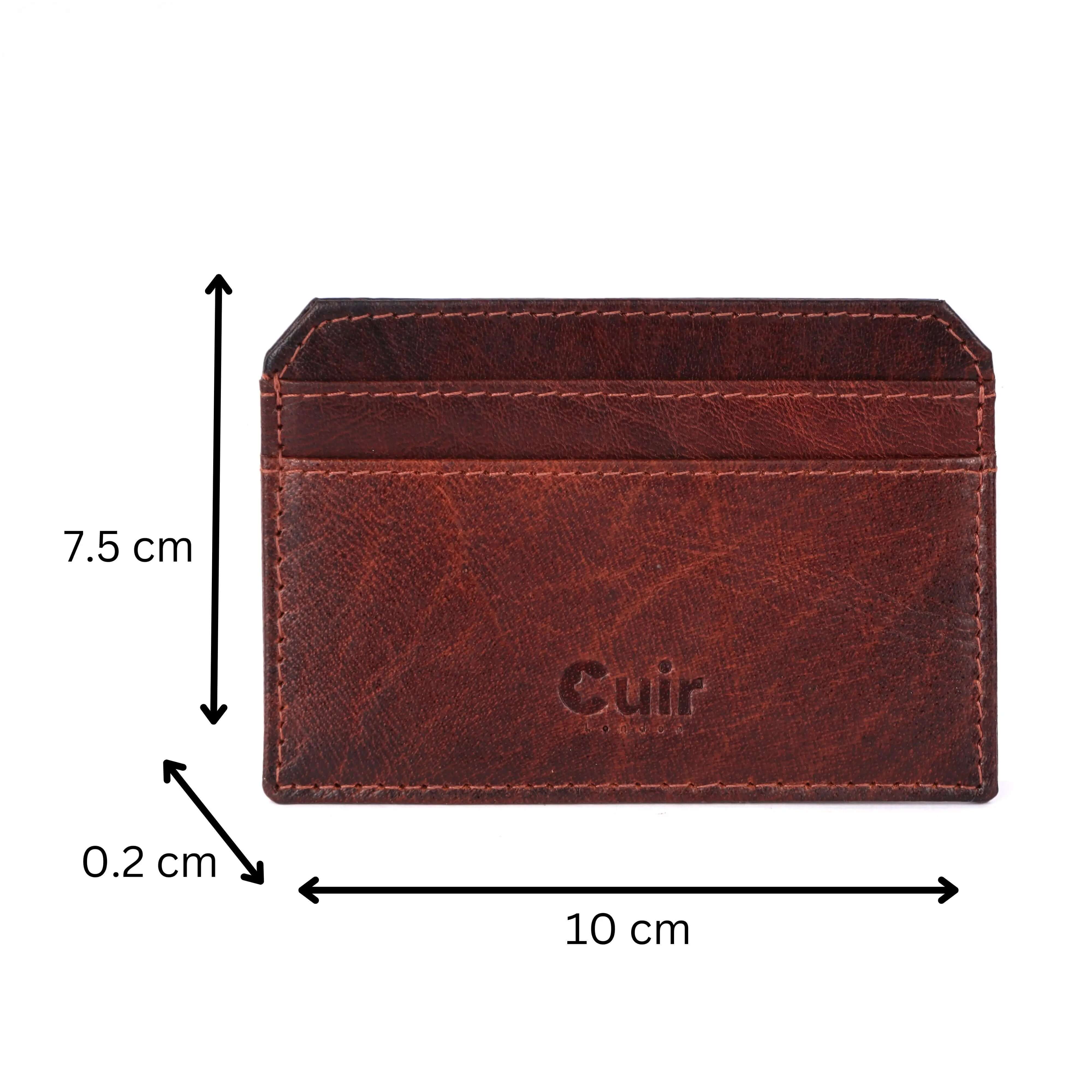 Elegant brown leather card case for men with 4 slots, measuring 10x2x7.5 cm, showcasing luxury design and premium craftsmanship.