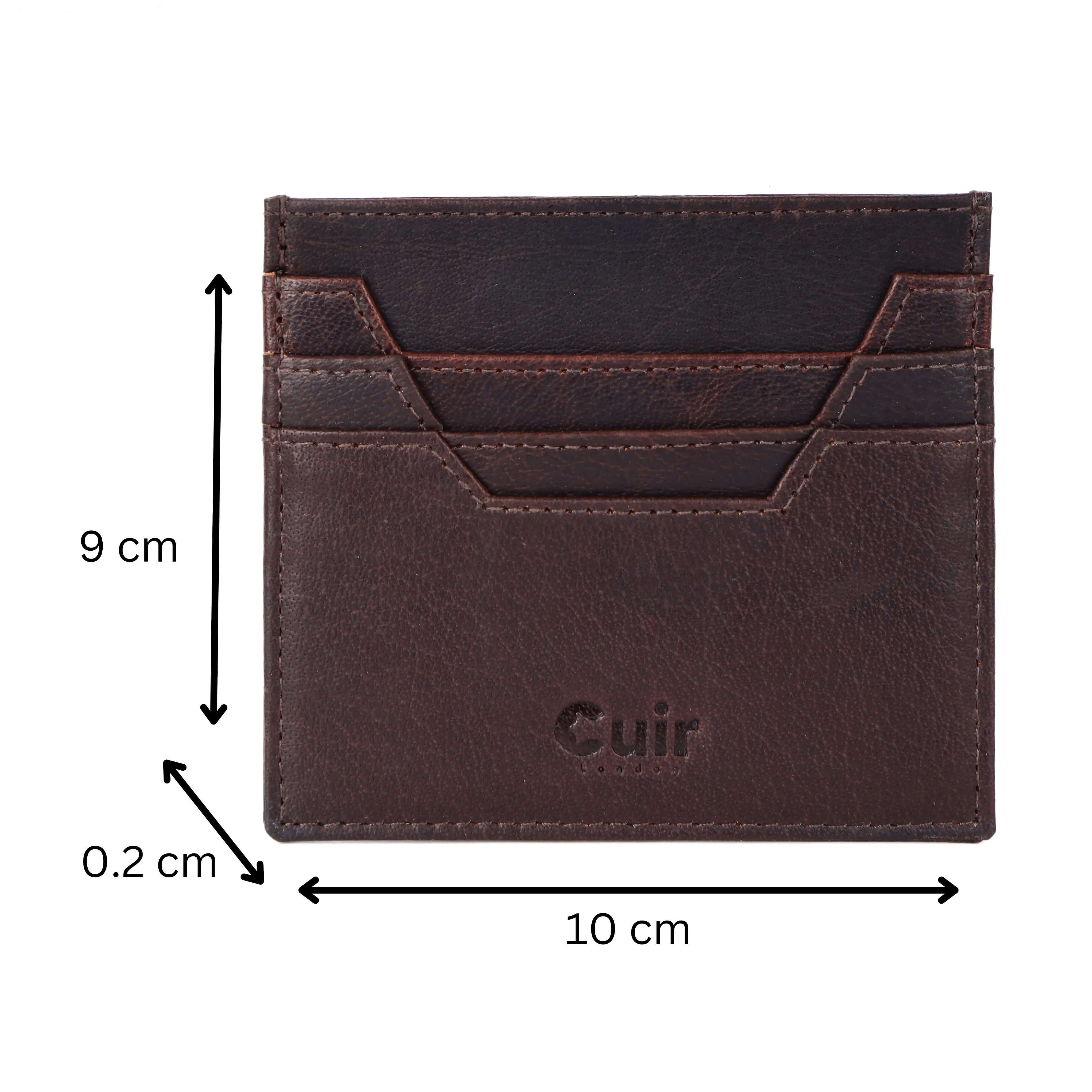 Elegant 6-slot deep brown leather card case for men, pocket-sized luxury, 10x2x9 cm, front view showcasing craftsmanship and design.