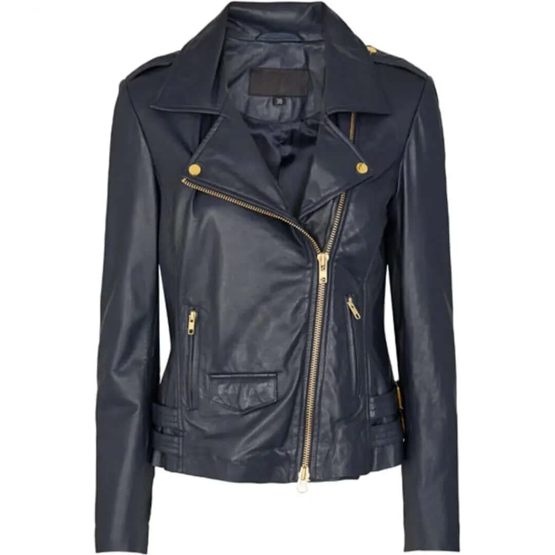 Lamb Gloving Biker Jacket in Navy - CuirLondon