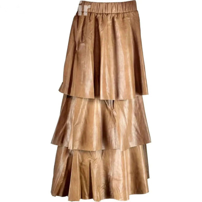 Long Beige Skirt Genuine Lamb Paper Napa | Elegant Women's Fashion CuirLondon