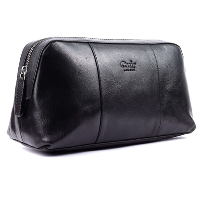 Luxury black leather wash bag for modern travel, featuring sleek design and premium material for stylish organization.