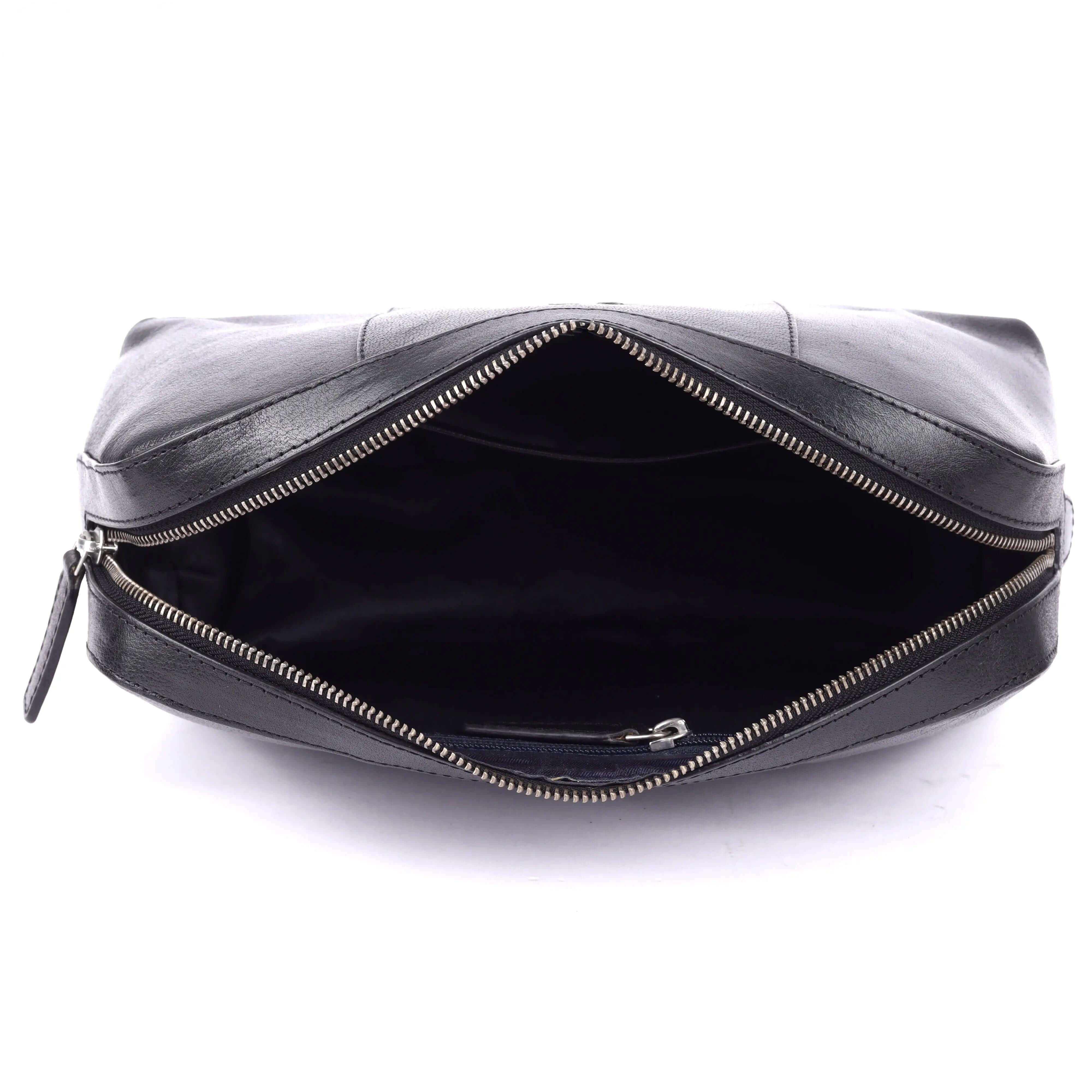 Black leather wash bag with open zipper showcasing interior space and sleek modern design for travel.