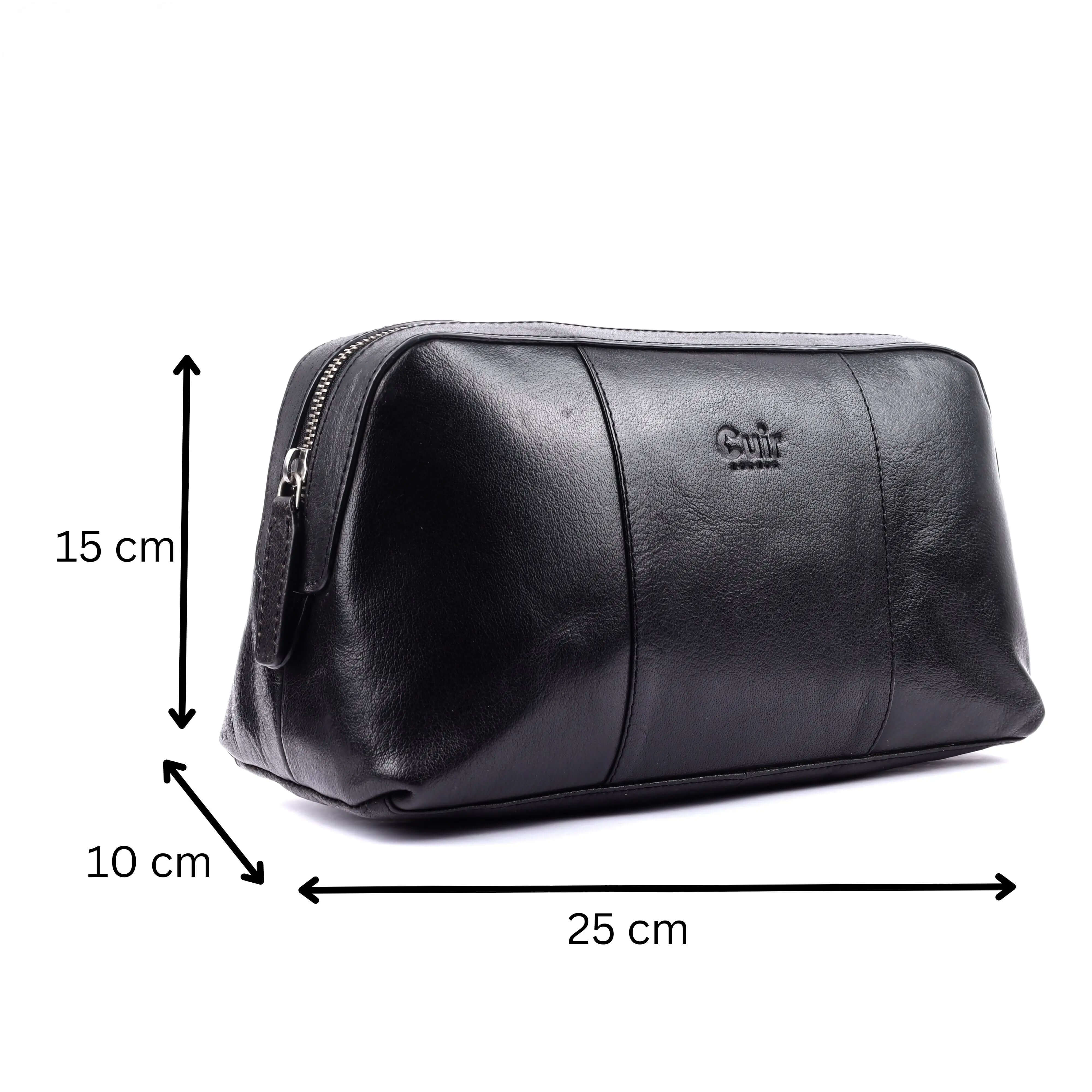 Modern luxury black leather wash bag with dimensions 25cm x 15cm x 10cm, perfect for travel and toiletries organization.