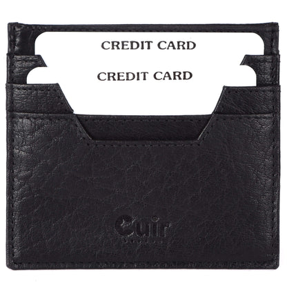 Premium black leather card case with six pockets, showcasing credit card organization and sleek design.