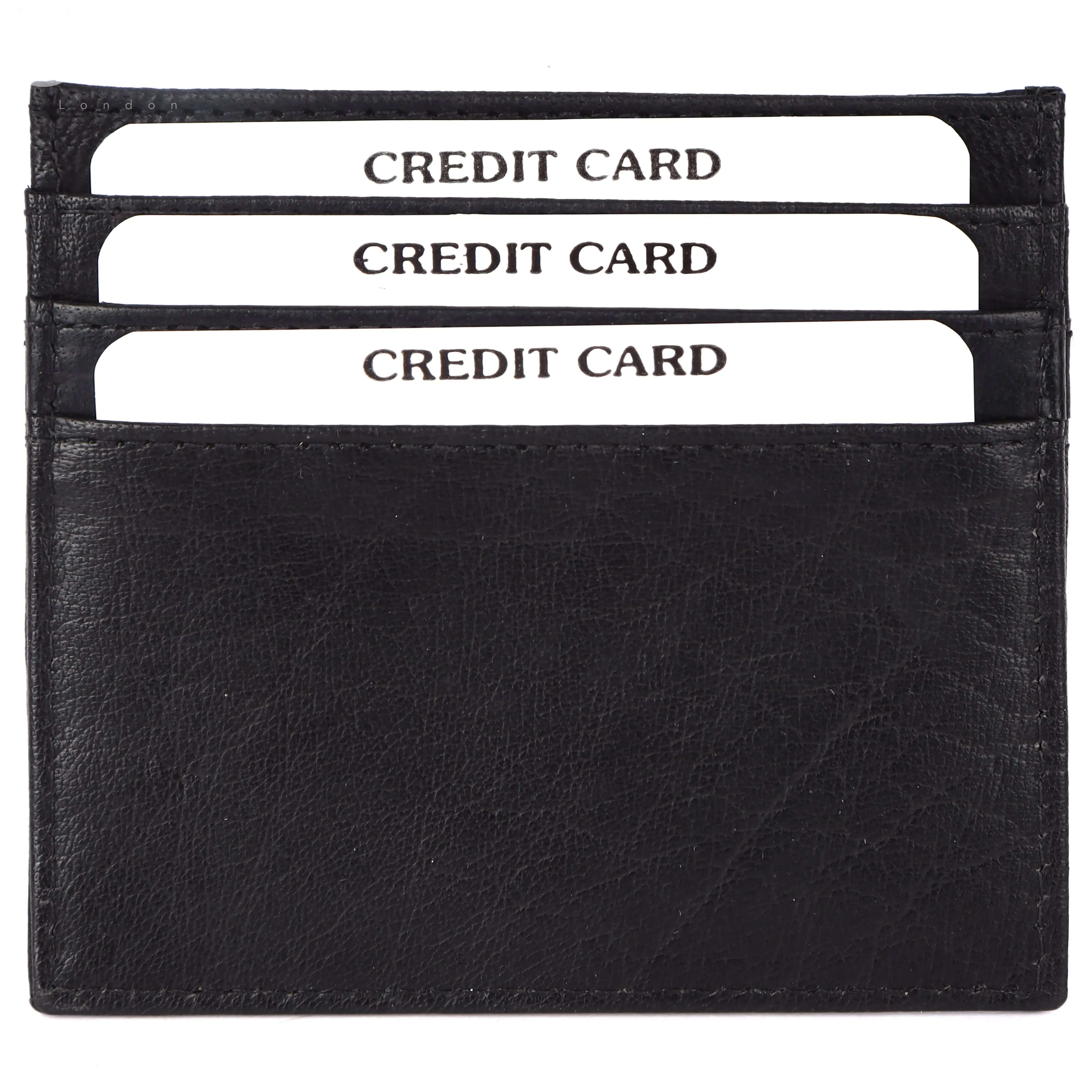 Premium black leather card case with six pockets, holding credit cards neatly organized, showcasing its sleek and compact design.