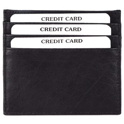 Premium black leather card case with six pockets, holding credit cards neatly organized, showcasing its sleek and compact design.