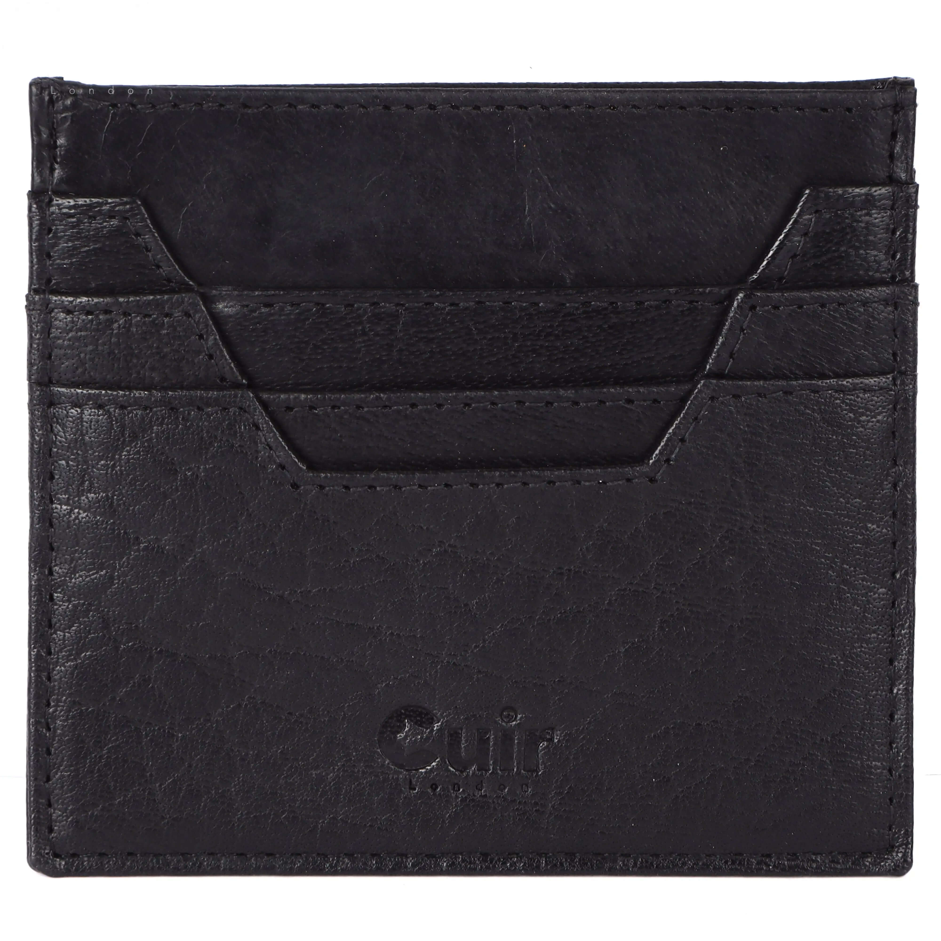 Premium black leather card case with six pockets for cards, sleek design, compact and stylish everyday carry accessory.