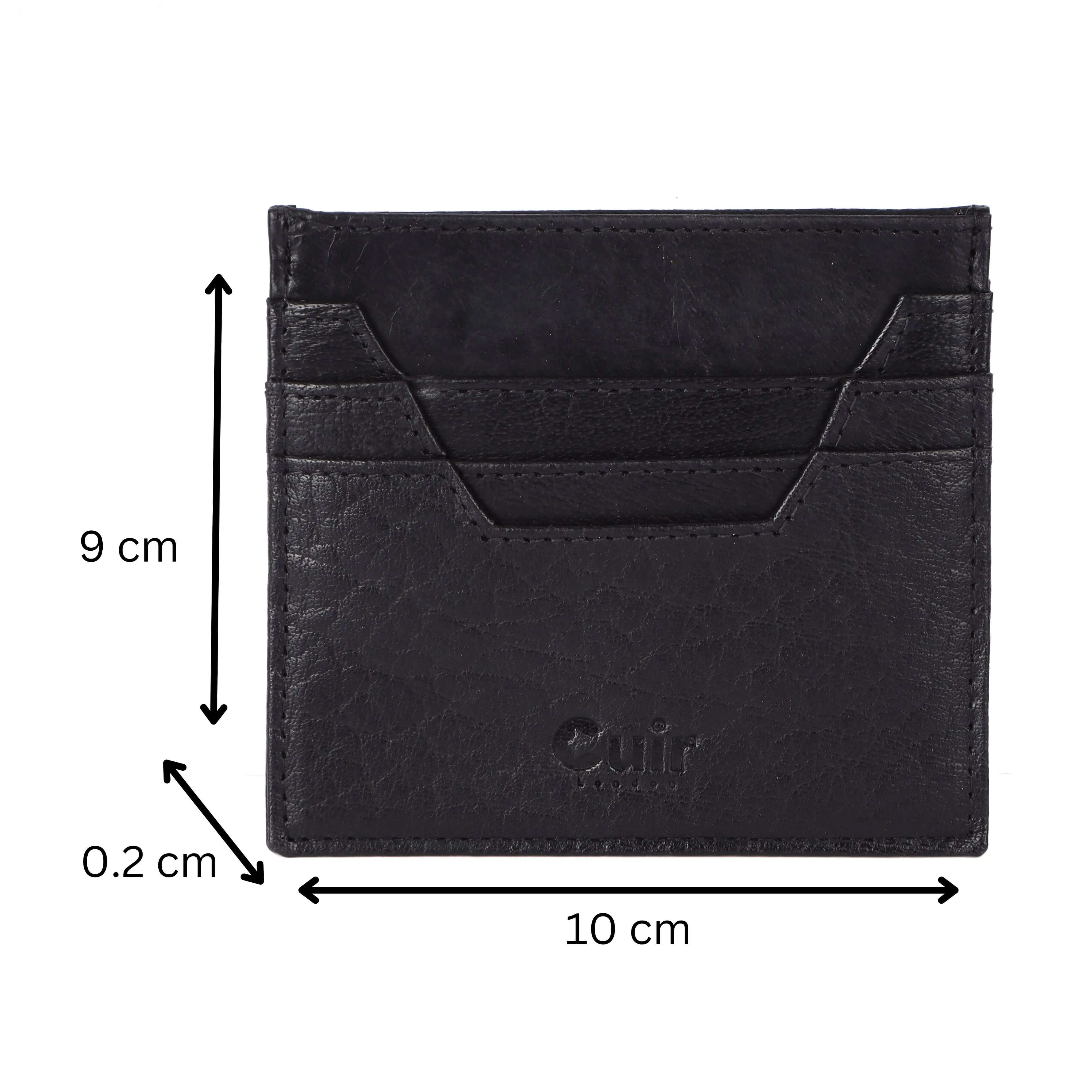 Premium black leather card case with six pockets, compact 10x0.2x9 cm size, perfect for organizing cards stylishly and efficiently.