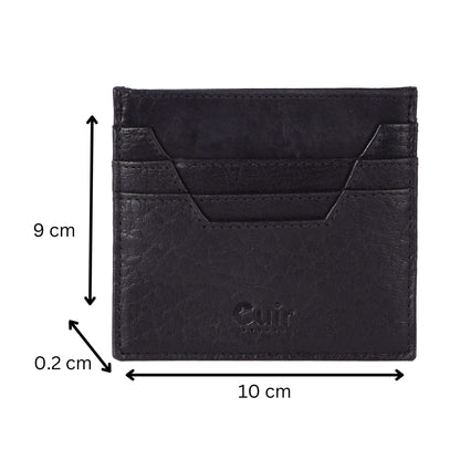 Premium black leather card case with six pockets, compact 10x0.2x9 cm size, perfect for organizing cards stylishly and efficiently.