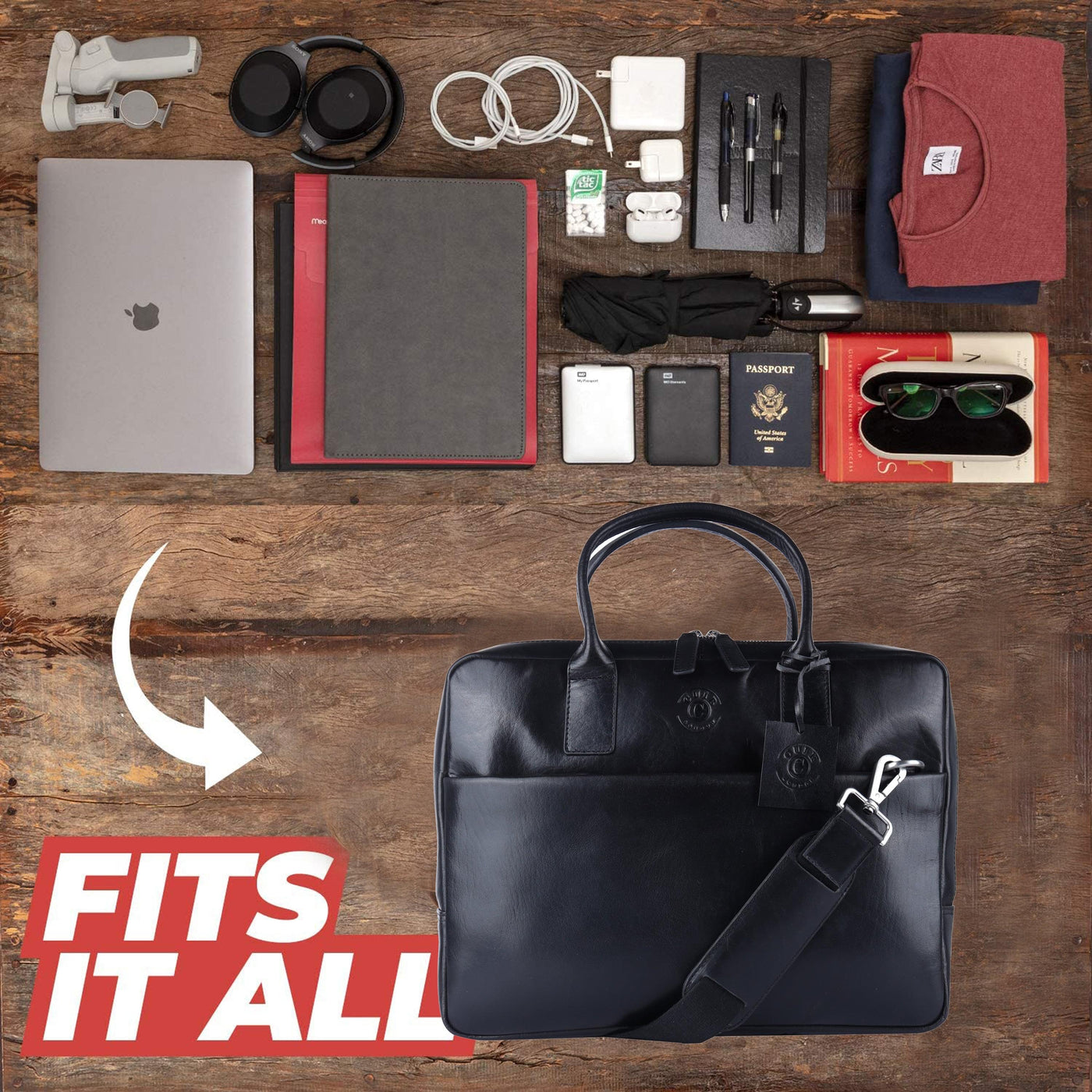 Men’s Messenger Bag, Real Cowhide Leather Briefcase, Laptop Satchel Bag