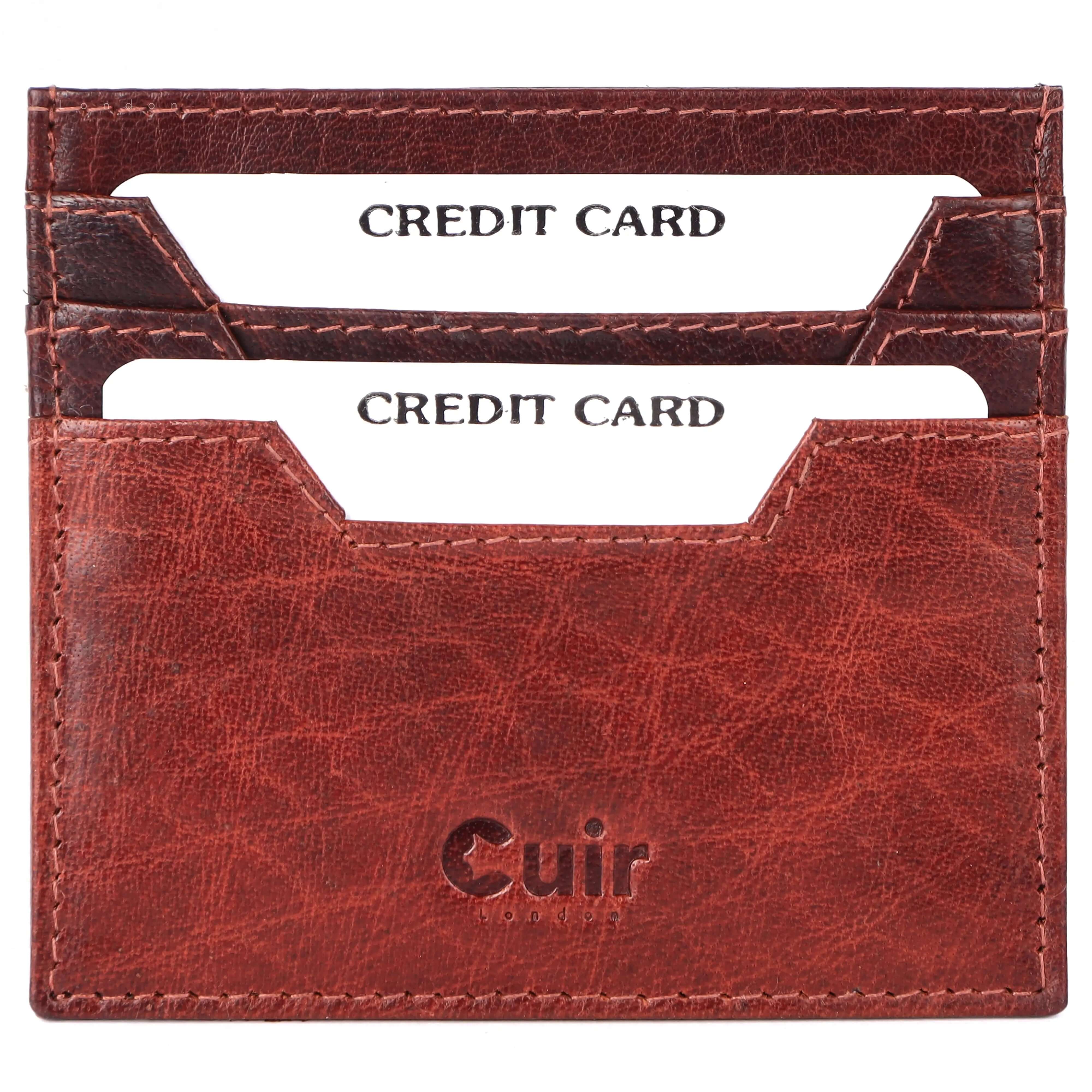 Refined brown leather card case with six pockets, holding credit cards, stylish and functional accessory for everyday use