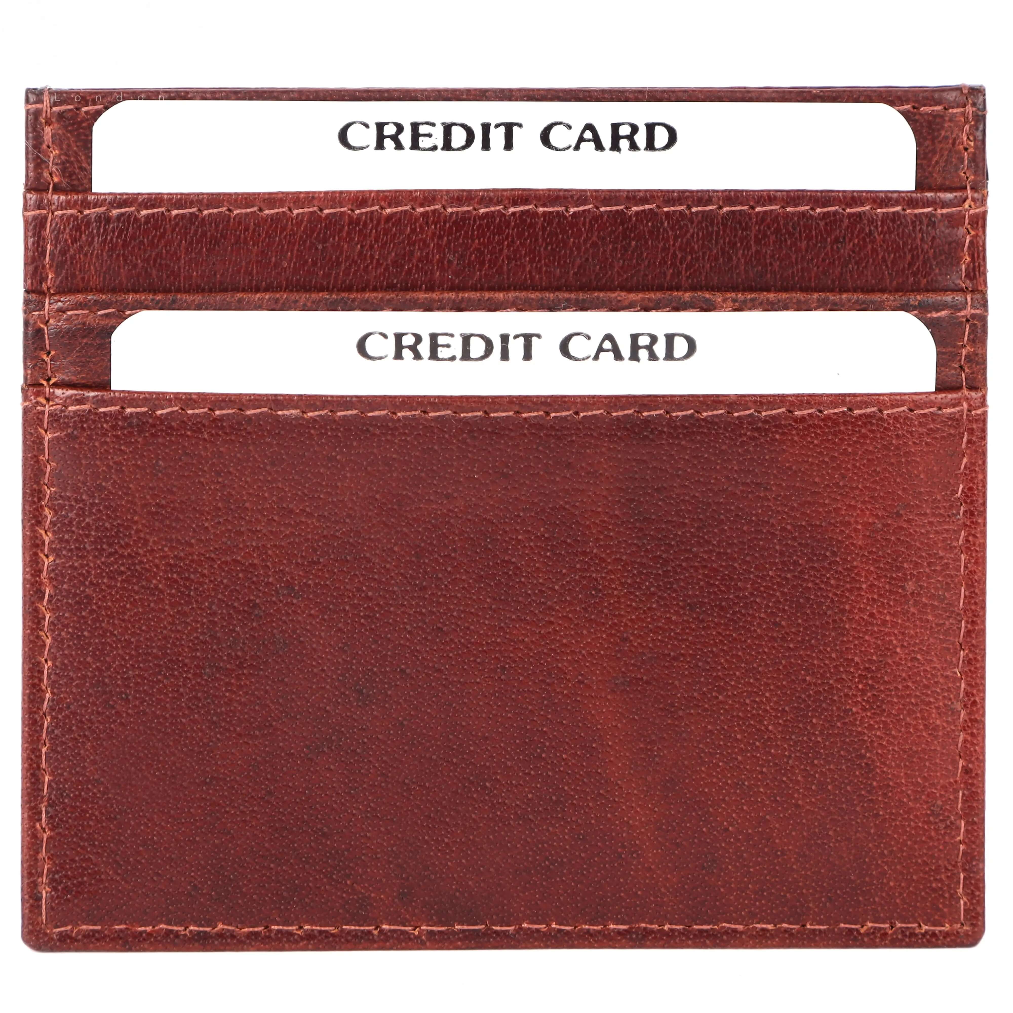 Refined brown leather card case with two visible credit cards, showcasing elegant design and six-pocket functionality.