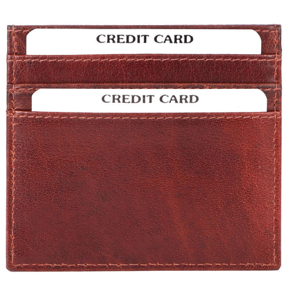 Refined brown leather card case with two visible credit cards, showcasing elegant design and six-pocket functionality.