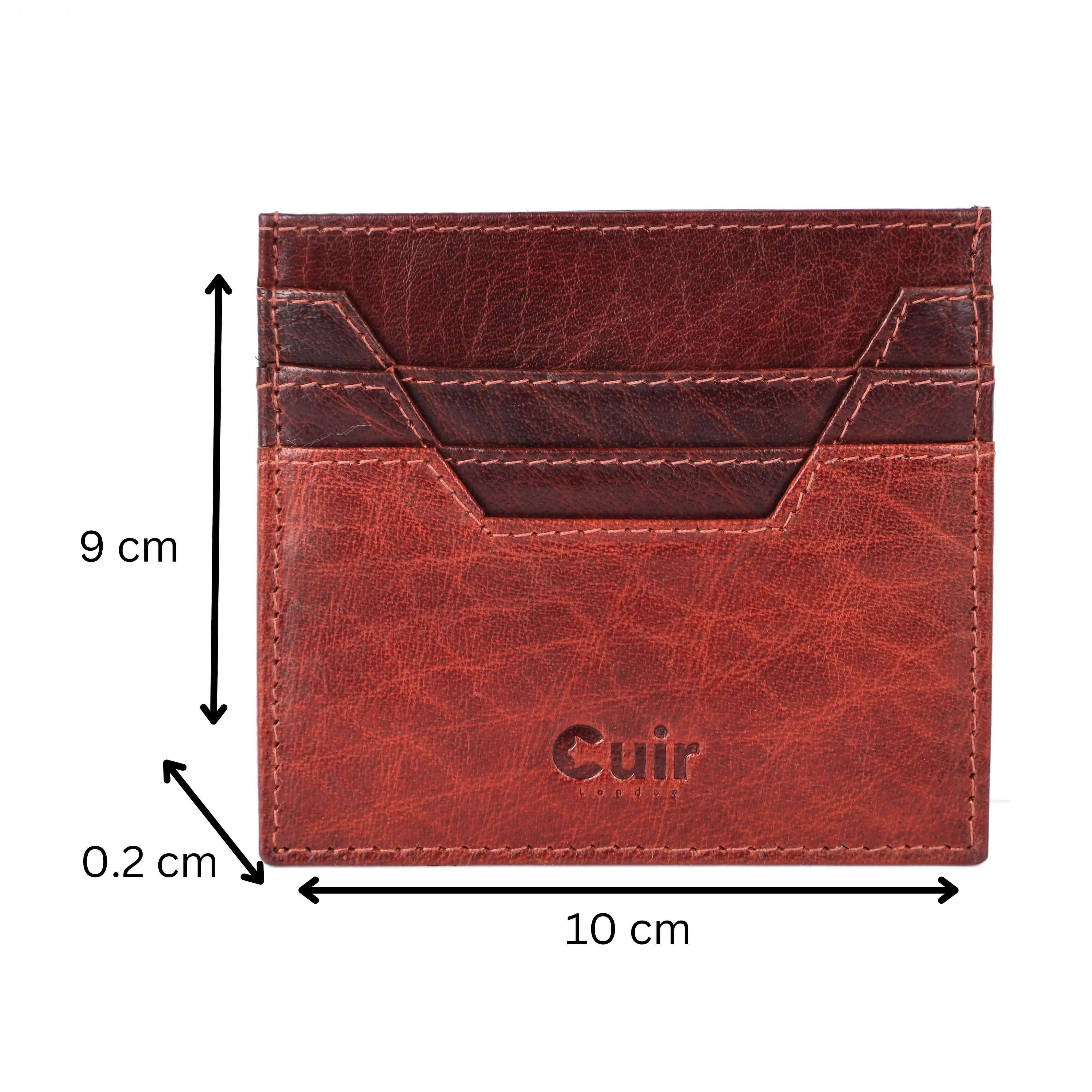 Refined brown leather card case with six pockets, compact design dimensions shown, elegant accessory for organizing cards.