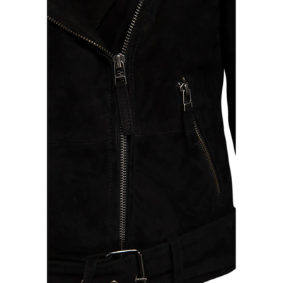 Suede black biker jacket with belt