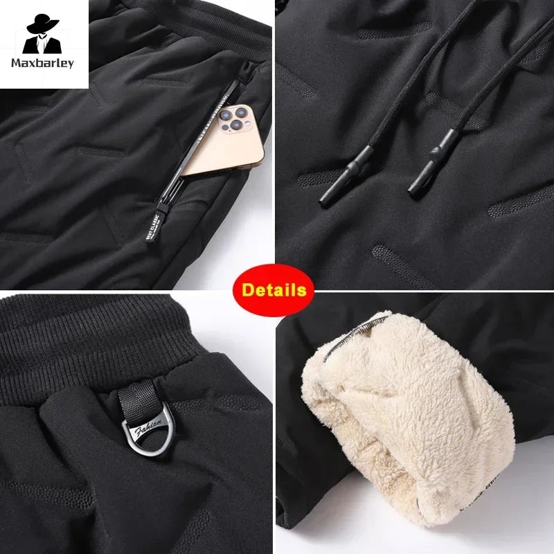 Winter Zip Pockets Thicken Fleece Sweatpants Men Joggers Black Grey Down Cotton Warm Pants Male Water Proof Thermal Trousers 7XL