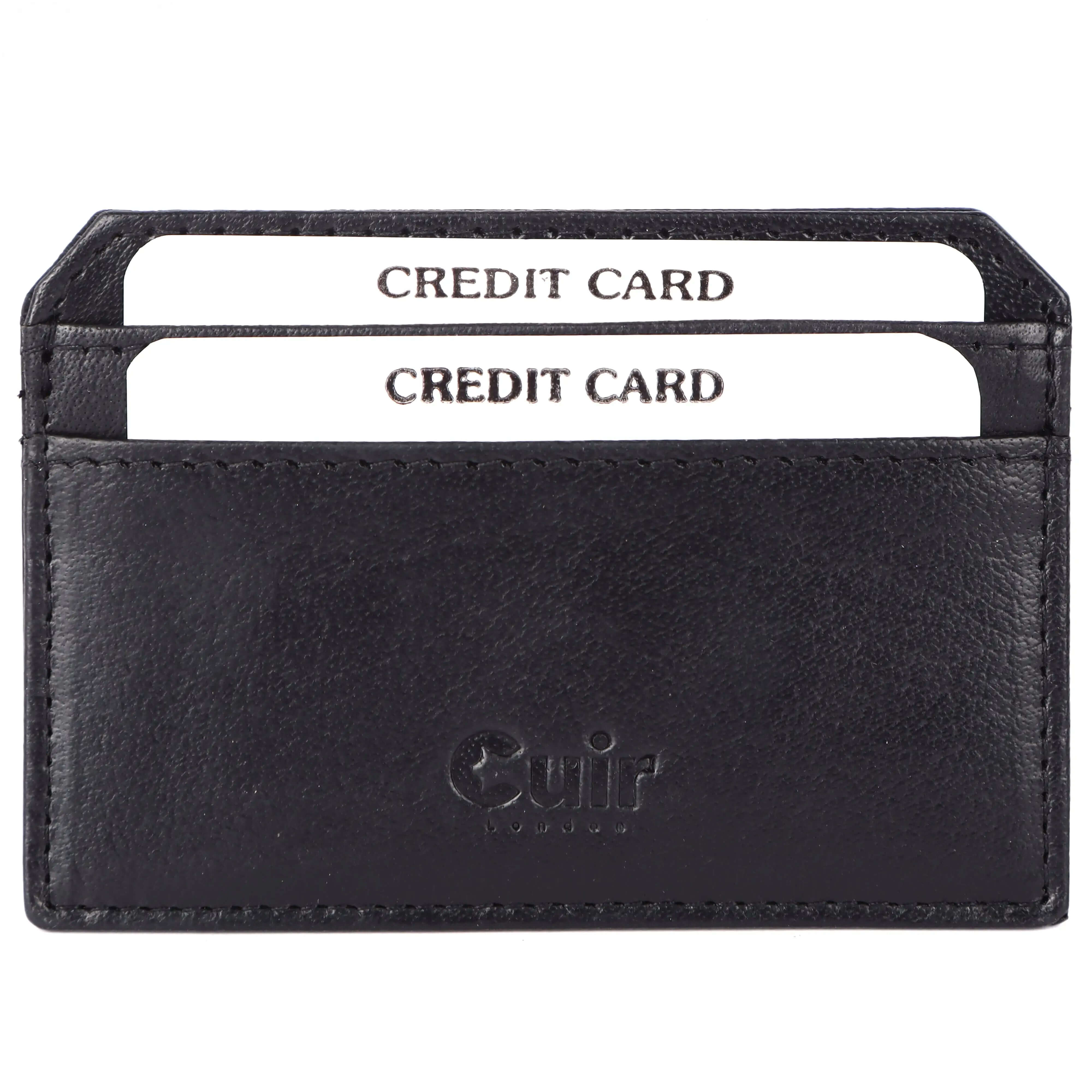 Slim black leather card holder with 4 slots for credit cards, showcasing modern design and compact dimensions of 10x2x7.5 cm.