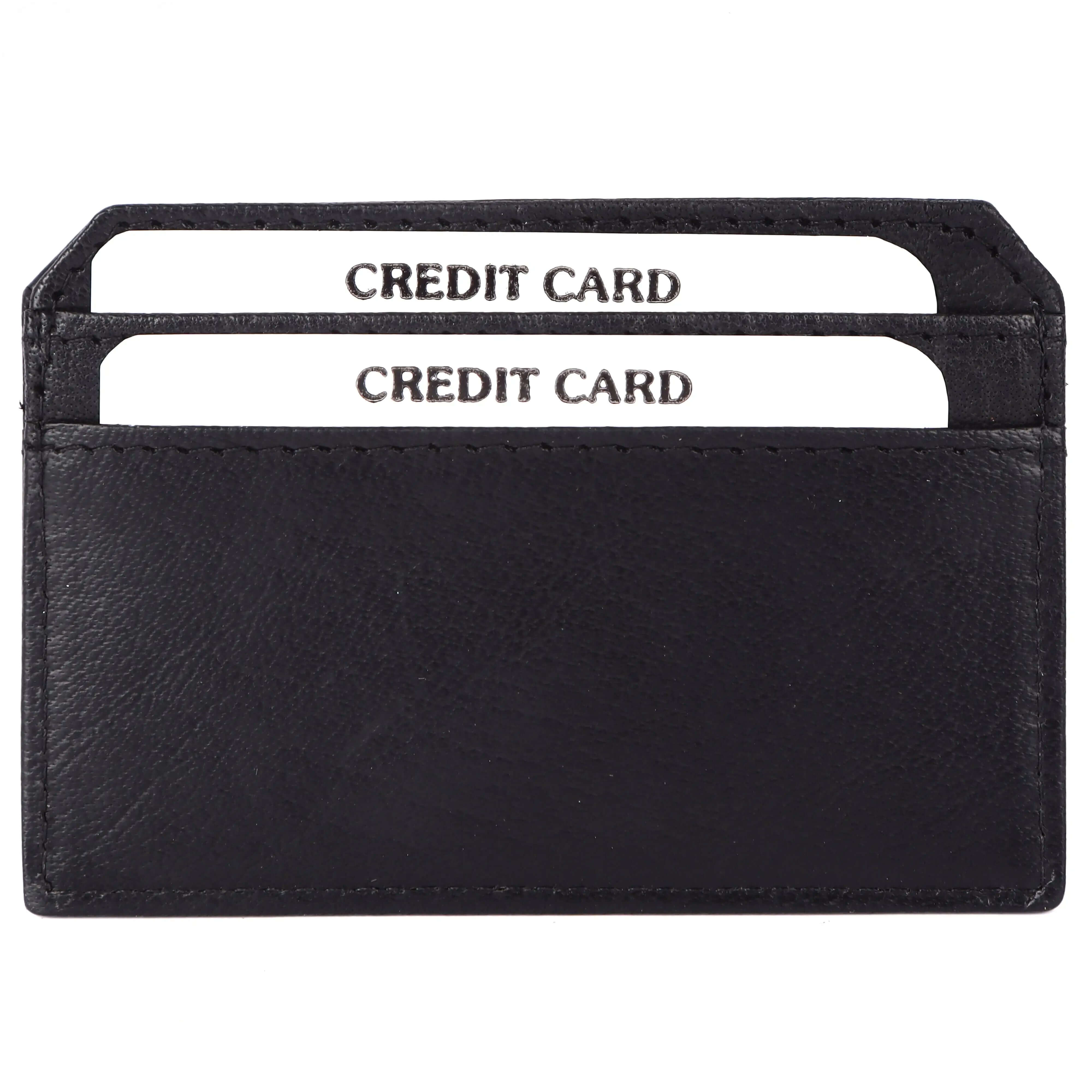 Slim black leather card holder with two credit card slots, showcasing modern design and practicality.