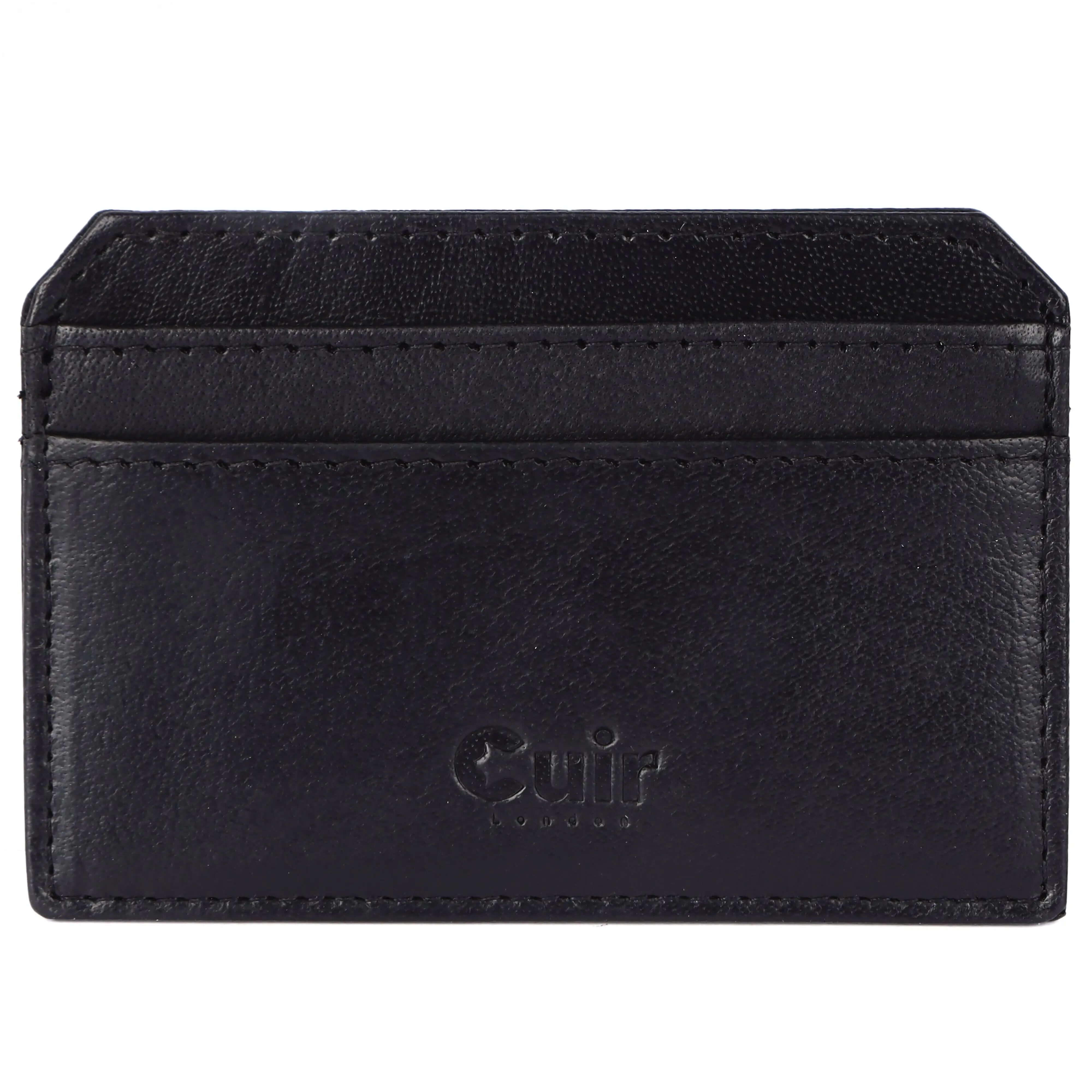 Black leather card holder with 4 slots for sleek, modern organization.