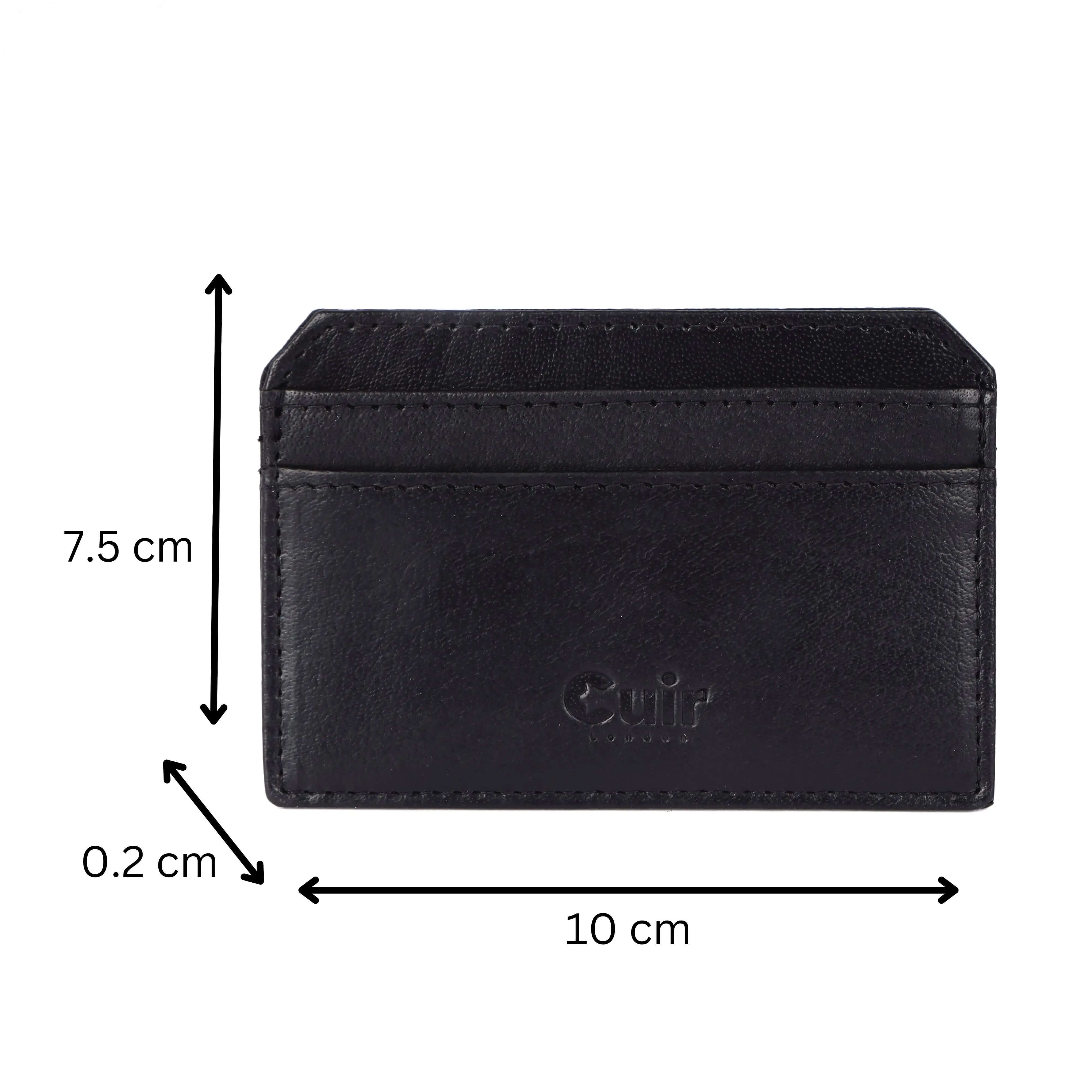 Black leather card holder with 4 slots, 10x7.5 cm dimensions, showing slim and modern design for easy card organization.