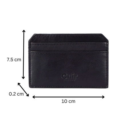 Black leather card holder with 4 slots, 10x7.5 cm dimensions, showing slim and modern design for easy card organization.