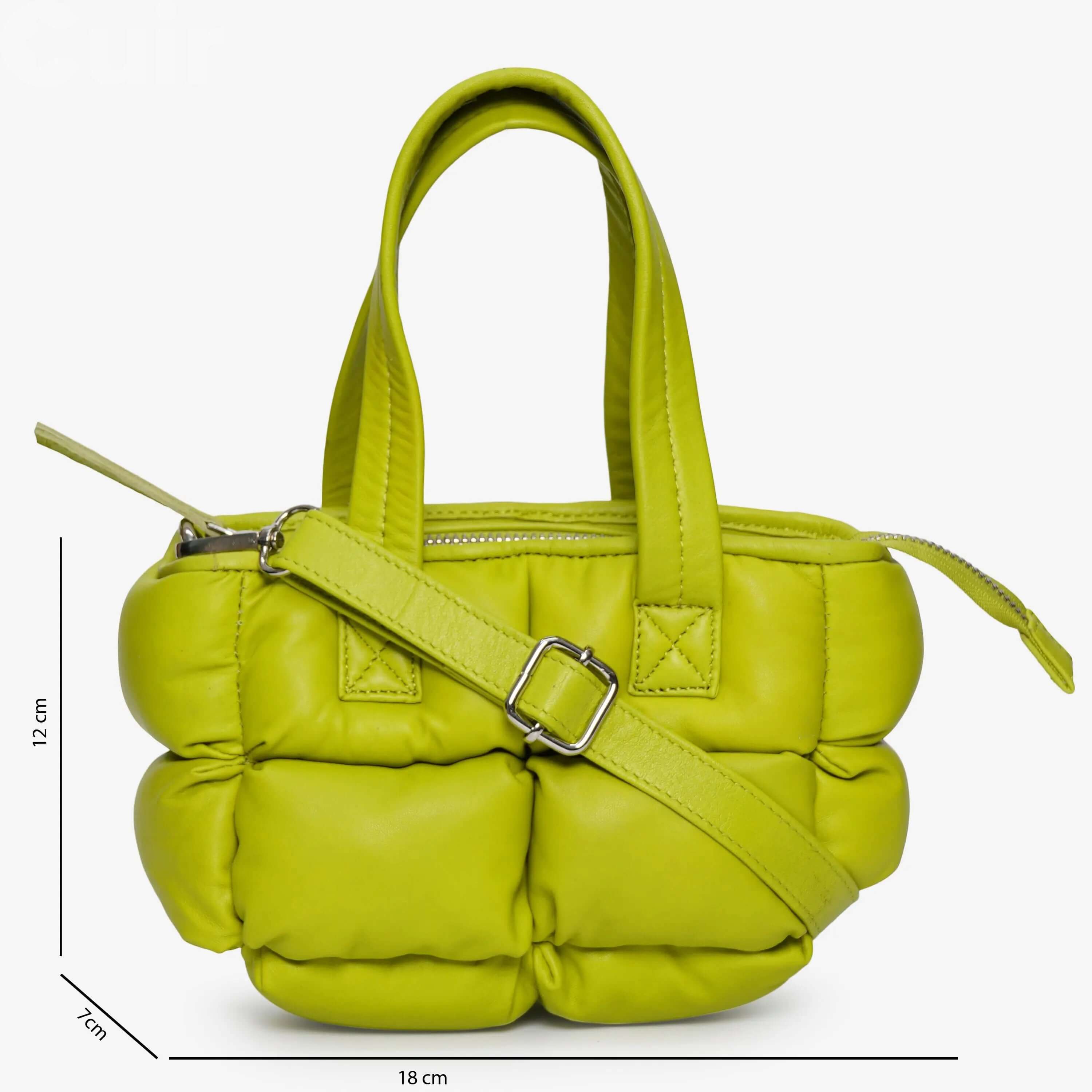 Lime green leather crossbody bag, compact 12x18x7cm, stylish and versatile accessory for hands-free convenience and colorful wardrobe enhancement.