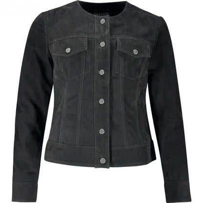 Women's Black Suede Leather Jacket with Buttons | Classic Outerwear - CuirLondon