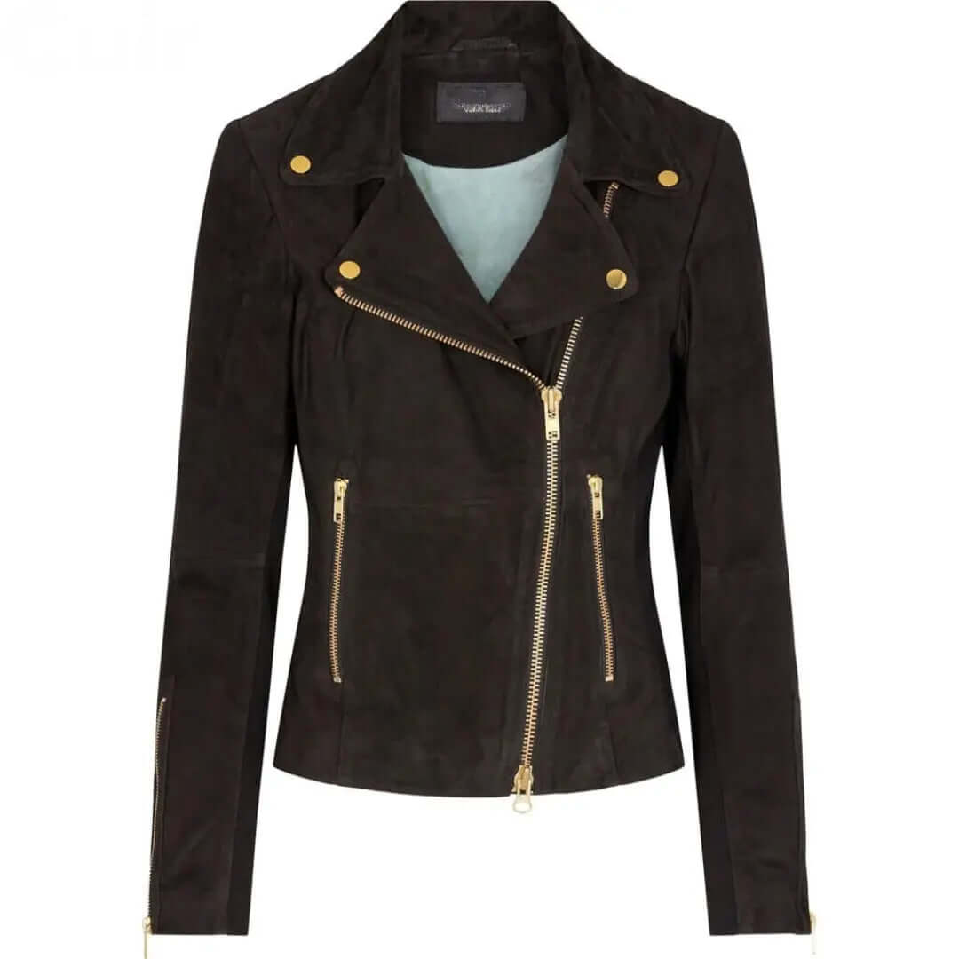 Women's Dark Brown Suede Leather Biker Jacket | Stylish Outerwear - CuirLondon