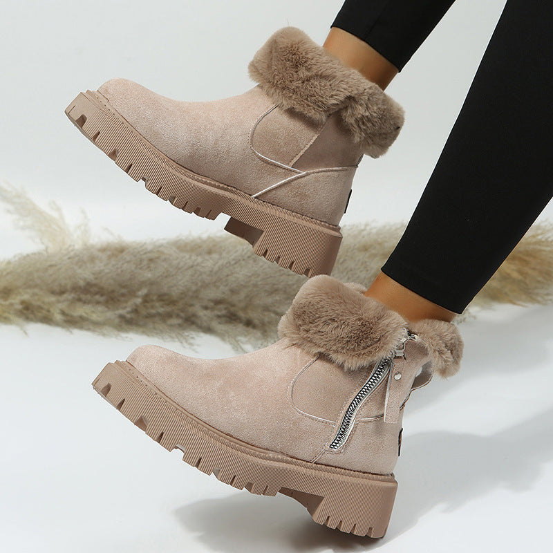 Women's Snow Boots Winter Warm Fordable Plush Tube Short Boot Solid Color Round-toe Platform Shoes