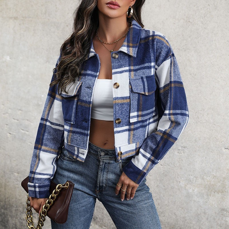 Plaid Lapel Cropped Jacket With Pockets Fashion Button Long Sleeve Short Outwear Tops Coat For Women's Clothing