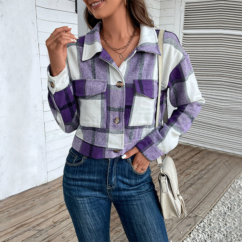 Plaid Lapel Cropped Jacket With Pockets Fashion Button Long Sleeve Short Outwear Tops Coat For Women's Clothing