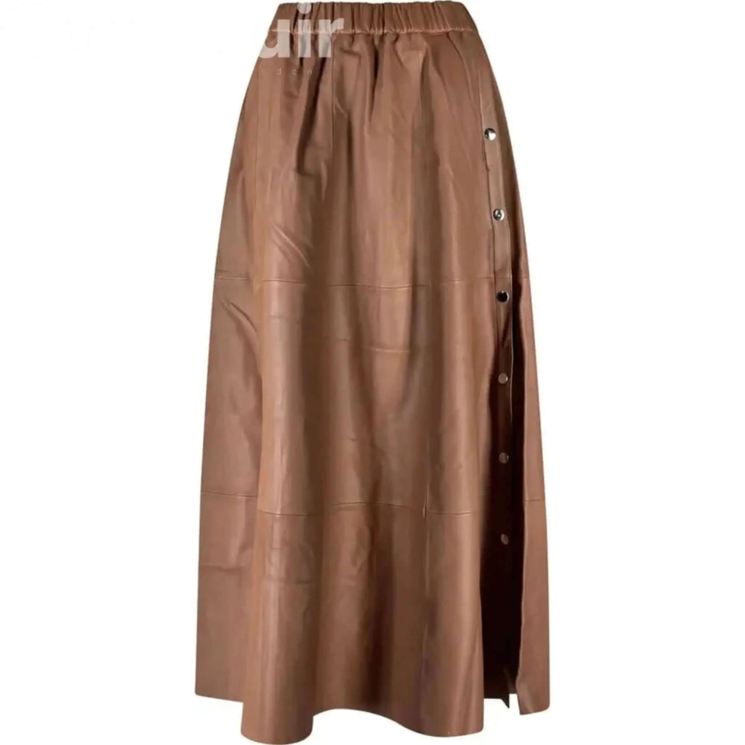 Long Beige Skirt with Button Detail | Elegant Lamb Feather Design CuirLondon