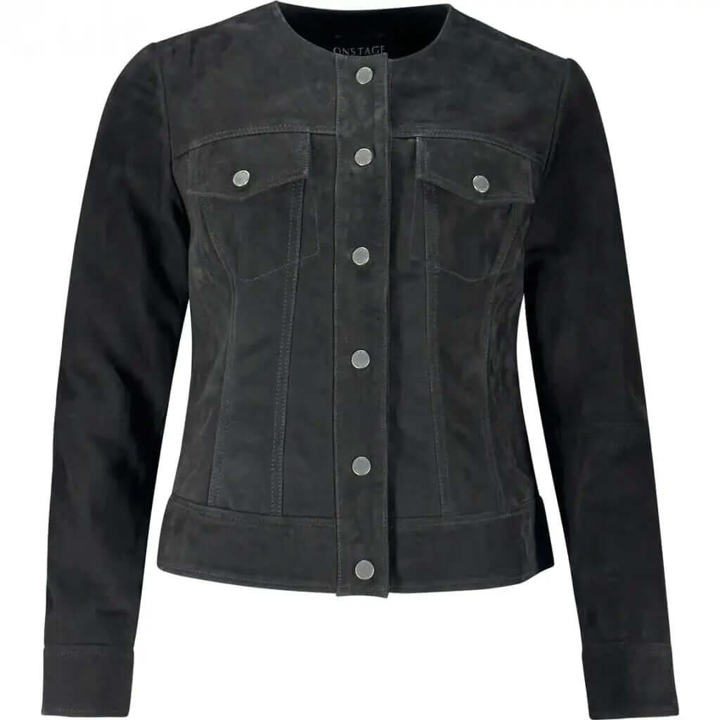 Women's Black Suede Leather Jacket with Buttons | Classic Outerwear CuirLondon