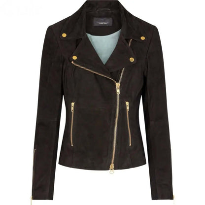 Women's Dark Brown Suede Leather Biker Jacket | Stylish Outerwear CuirLondon