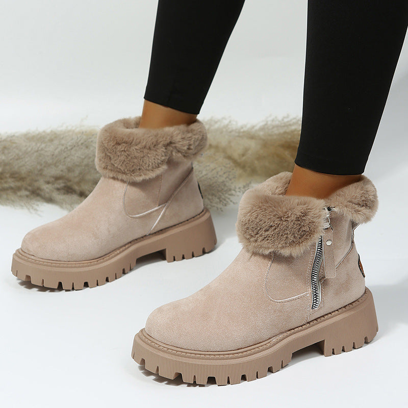 Women's Snow Boots Winter Warm Fordable Plush Tube Short Boot Solid Color Round-toe Platform Shoes